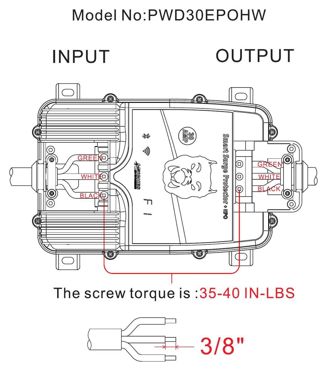 Wiring diagram for the PWD30EPOHW: input on the left, output on the right, green, white and black wires