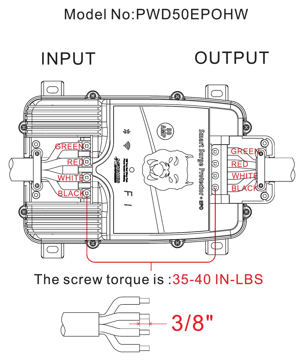 Wiring diagram for the PWD50EPOHW: input on the left, output on the right, green, red, white and black wires